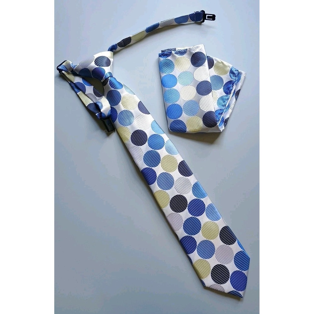 Boys Easy Zipper Tie /‎ Pocket Square Set (One Size) Polka Dots Circles Blues
